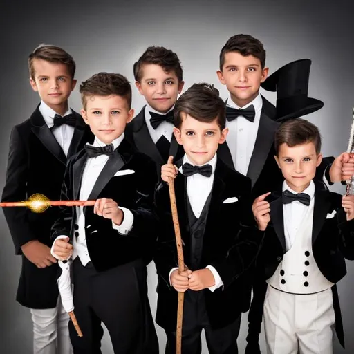 Prompt: Family of four magicians all warring tuxedos with bow ties holding their magic wands that they can cast magic spells with