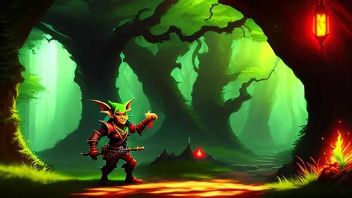 Prompt: dnd goblin tinkerer with bright red eyes and green skin, the background is a dark forest, dnd fantasy concept art by greg rutkowski