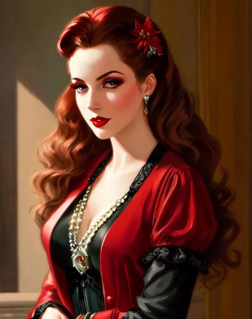 Prompt: Beautiful female toreador from vampire the masquerade, Haddon Hubbard Sundblom, post-impressionist style painting, 1940's clothing, 1940's hairstyle, very detailed, photorealistic, UHD