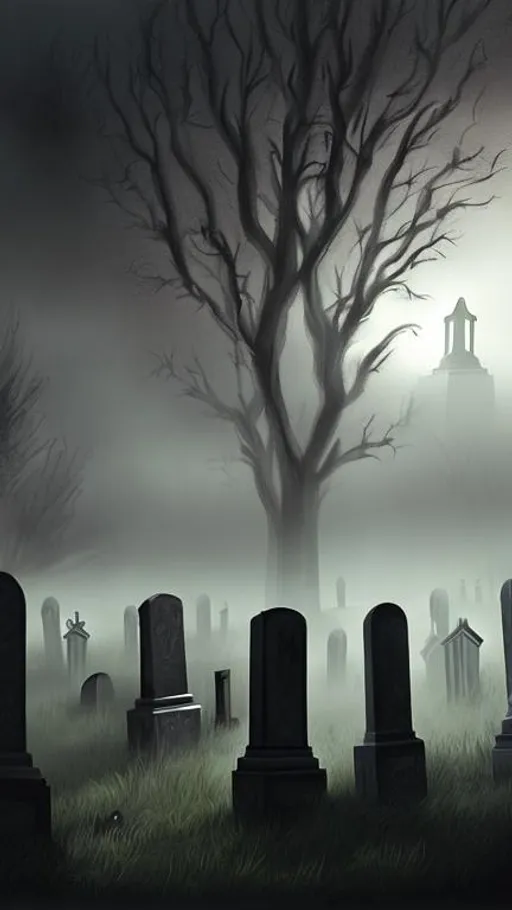 Prompt: Painting, a creepy cemetery scene with eerie tombstones, fog rolling in, and mysterious figures lurking in the shadows.