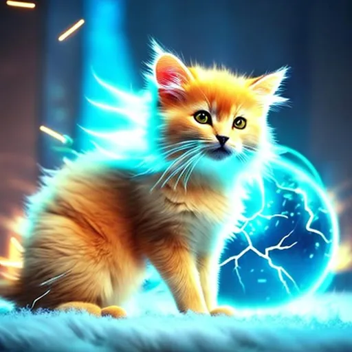 Prompt: Cute, yellow, lightning fur, cat made of lightning, possessing the element of lightning and making large floating spheres of lightning and electricity move around in the air in a magical way. Perfect features, extremely detailed, realistic, complimentary colors, light blue wispy aura in background, realistic cat