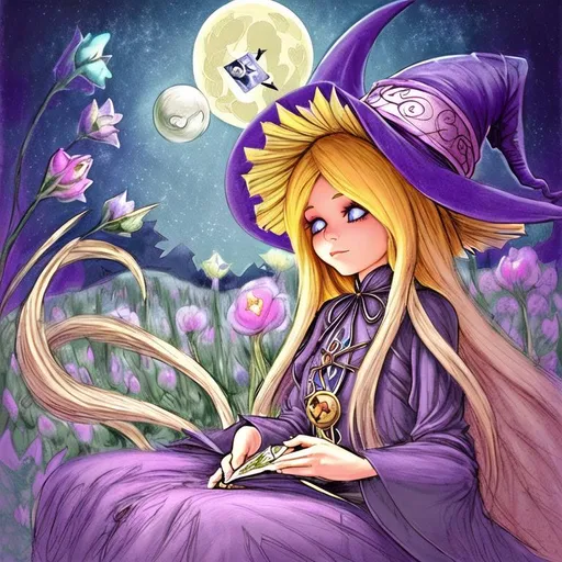 Prompt: witch with long blonde hair, using tarot cards, wearing witch hat, cute, flowers, aesthetic, pastel, fairycore, disney, pixar, moon, stars, witchcraft, in a starry pastel sky,  garden, sweet, dreamy, award winning illustration, artstation, highres, realistic