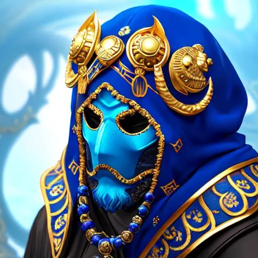 Prompt: an ancient blue kraken mask with only eye sockets, with a blue hood with small gold embroidery and blue gems in the eye sockets.