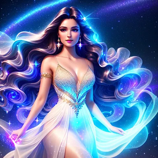 Prompt: Beautiful ethereal goddess, magic, ((wearing diamantine dress)) ((bright dark galaxy wavy hair)), glowing, trails of light, wisps, slight sparkles, outer space, unreal engine 8k octane, 3d lightning, stellar, quartz, gem rain, soft white skin, luminous chest, fantasy