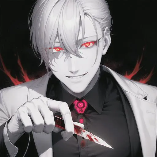 Prompt: mastermind, realistic, mature man, glowing eyes, blood,smile, five fingers, holding knife, black and white outfit