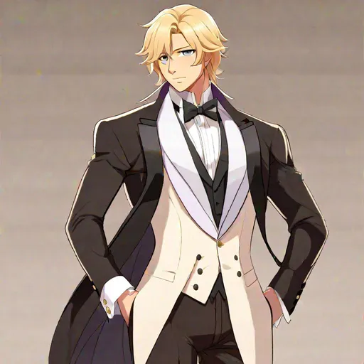 Prompt: Caleb (blonde hair) (brown eyes) wearing a tuxedo, full body, anime style