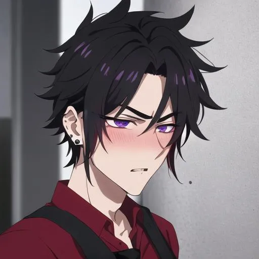 Prompt: Male young adult, 19, (Short black messy hair falling between the eyes, sharp and tired purple eyes, and a feminine body), red shirt untucked, black pants, sloppily dressed,  Black piercings, highly detailed face, 8K, Insane detail, best quality, UHD, highschooler, handsome, flirty, blushing, shy