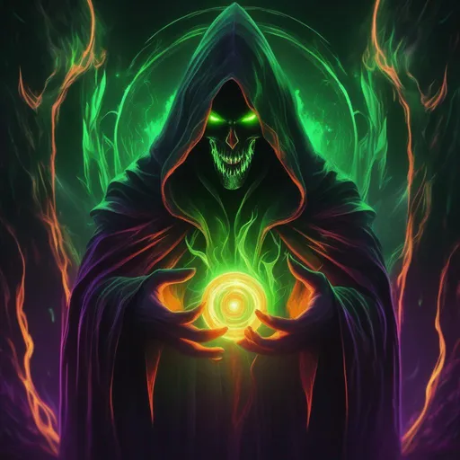 Prompt: A demonic with with glowing eyes and razor sharp teeth, wearing a cloak inside a Magical portal background, green flames, hands, 4K, High Quality, High Detail, High Resolution, Dark Art, Neon, Orange, Red, Purple, Yellow Highlights, Brush Illustration Style, Scary, Horror, Terror