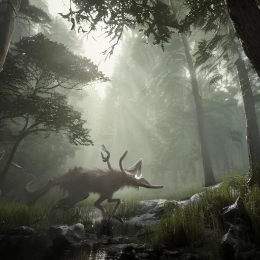 Prompt: a wendigo hunting down a human in a woodland landscape with other cryptids in the background 