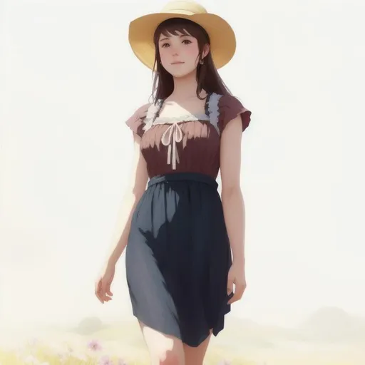 Prompt: A country styled girl in a meadow, sitting on a rock, with a sun hat, LGBTQ+ dress, perfect features, extremely detailed, realistic. Krenz Cushart + loish +gaston bussiere +craig mullins, j. c. leyendecker +Artgerm, 