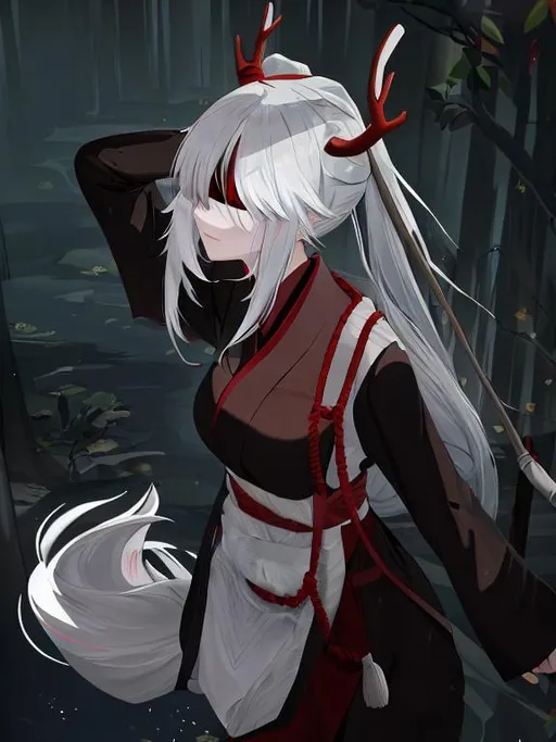 Prompt: backward antlers, white hair, female, monk, blindfold, anime, 