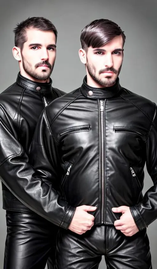 Prompt: two manly men short hairs wearing black leather straitjacket having froting