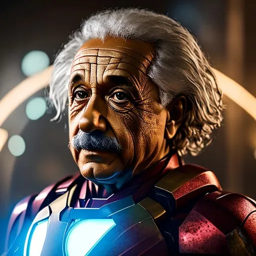 Prompt: Albert Einstein as Iron man, mask off, extremely, detailed environment, detailed background, intricate, detailed skin, natural colors , professionally color graded, photorealism, 8k, moody lighting.