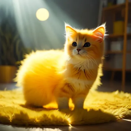 Prompt: Cute, yellow, light fur, cat made of light, possessing the element of light and making large floating circles of lights move around in the air in a magical way. Perfect features, extremely detailed, realistic, complimentary colors, yellow wispy aura in background, realistic cat