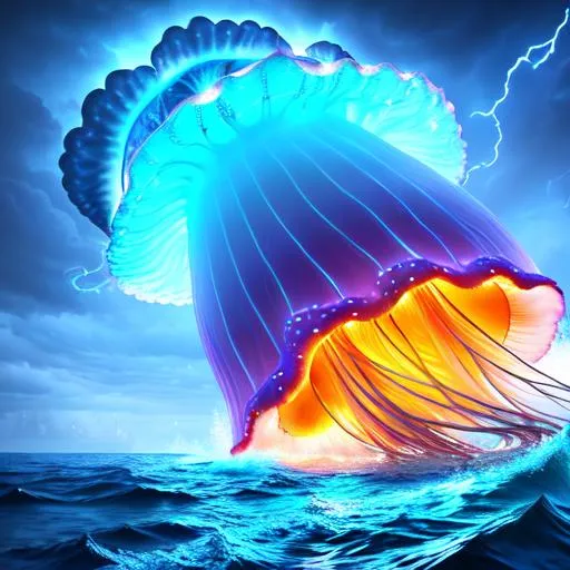 Prompt: gigantic monstrosity jellyfish sea monster, highly detailed body, full body, whole body visible, full character visible, thunder storm, soft lighting, high definition, ultra realistic, extremely detailed, unreal engine 5, 8K, digital art