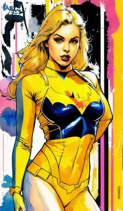 Prompt: a masterpiece, sticker of a batgirl/supergirl from dc comic wearing alternate yellow costume, coy and alluring, full body, Kim Jung gi, freedom, soul, digital illustration, comic style, cyberpunk, perfect anatomy, centered, approaching perfection, dynamic, highly detailed, watercolor painting, artstation, concept art, smooth, sharp focus, illustration, art by Carne Griffiths and Wadim Kashin, unique, award winning, masterpiece