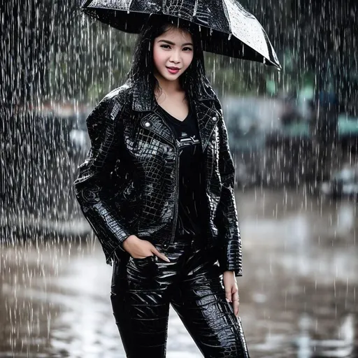 Prompt: Woman which is with leather jacket and pants black leather crocodile Backpack is in heavy rain with Very intensive showering