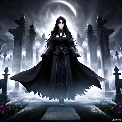 Prompt: Please create an image of a beautiful necromancer standing in a dark and ominous graveyard. The necromancer is dressed in a flowing, dark robe with intricate patterns, and she is holding a fan made of black feathers. She has long, flowing hair that is as dark as her robe, and her eyes are a piercing green that seems to glow in the darkness. The graveyard is filled with tall, looming tombstones that cast eerie shadows on the ground, and the sky above is a deep shade of purple and blue with a full moon shining bright. In the distance, you can hear the faint sound of howling wolves and cawing crows. The necromancer seems to be lost in concentration, with a focused expression on her face. Perhaps she is summoning the spirits of the dead, or casting a powerful spell