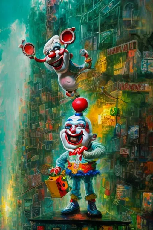 Prompt: Ugly smiling clown holding big photographic camera.  Standing on the street. Peple walking. Scarry. hyper detailed, trending on artstation, beautiful, radiant, ralph steadman, oil on canvas, beksinski, yellow and green
