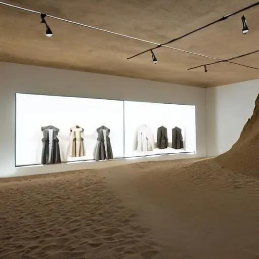 Prompt: A photo of a clothing store in the middle of the desert, sand, Marfa, Elmgreen & Dragset, hyper detail, realistic, soft colors, soft lighting, warm