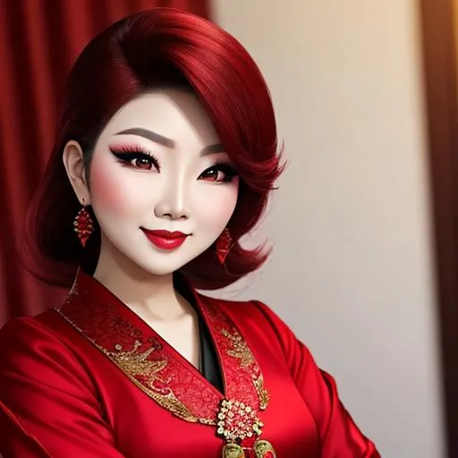 Prompt: Ruby lady-asian lady all in red, pretty makeup, elegant, nice clothes, facial closeup