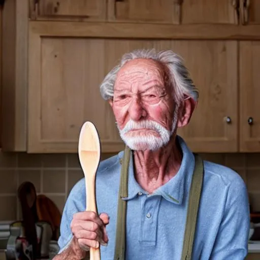 Prompt: old man in a kitchen with a wooden spoon
