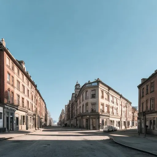 Prompt: Early tall 1900s buildings with roadhigh resolution 4k daytime nice weather light blue sky 