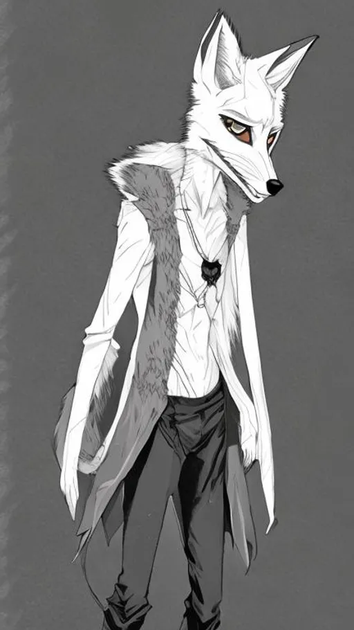 Prompt: An anime style illustration of a white anthropomorphic young,tall,skinny,serious,handsome male fox cub character with black pointy ears dressing medieval druid clothes. Black empty background. 