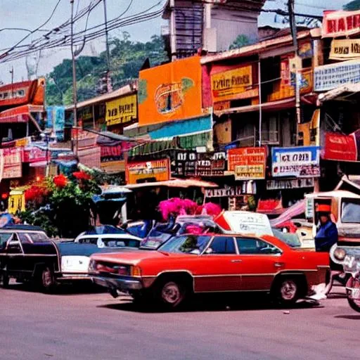 Prompt: philippines in the 1970s with red flowers and restaurants with cars




