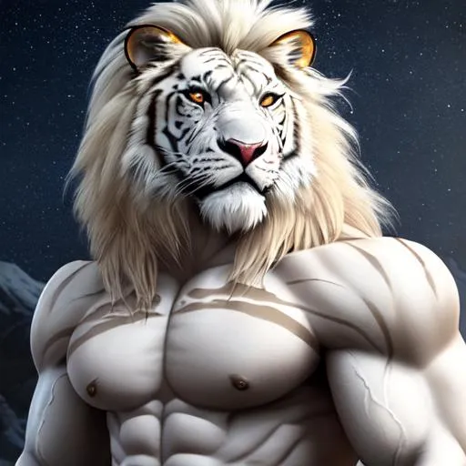Prompt: White lion looks, a muscular lion man hybrid with tiger pattern cool look, 8K, super HD, Hyper Realistic, unreal Engine, dark themed colour, with milky way sky, colour highlight, pattern highlight, tiger and super muscular hybrid, full body muscular white tiger hybrid, full muscle tiger hybrid 