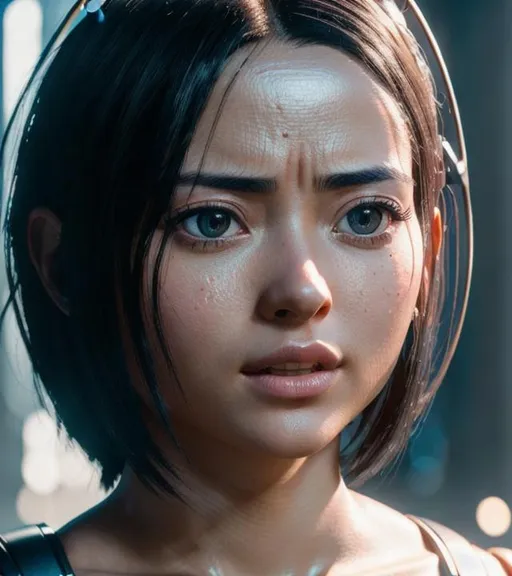 Prompt: 64K UHD HDR Ultra-Realistic Detailed Photo of Alita. Strikingly Beautiful Face. Light Accentuating her Sensual Beauty. Kawaii. Smooth Flawless Skin. Octane Render by WETA Digital