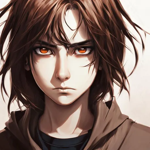 Prompt: portrait of an adult person, brown eyes, expression is defiant, facing camera, concept art and anime style and photorealistic, symmetrical