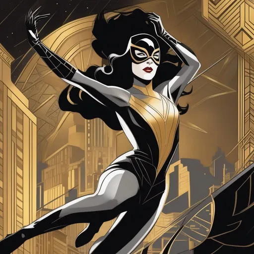 Prompt: Spider-woman with an art deco inspired suit, new york, roaring 1920s, night, masked, golden age comic book style, Marvel, 