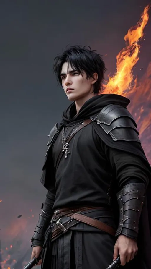 Prompt: A battered and raged Caucasian male with short black hair, a black cloak with leather armor, baggy pants and a spear surrounded with floating purple fire. He has an emotionless face. He is leaning on his spear in the middle of a burning villiage as ash and glowing crimson sparks fall gently from the grey sky. behance HD,