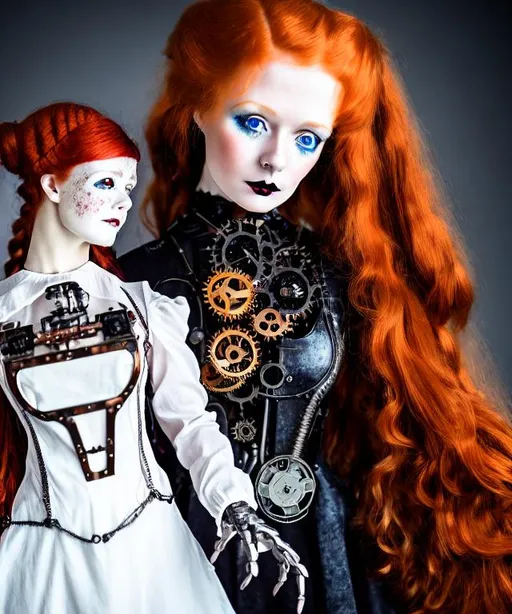 Prompt: Portrait of redhead {edwardian gear automaton robot woman} with {gothic loli dress} with {long} hair and with steampunk gears, {icy}, perfect composition, hyperrealistic, super detailed, high quality, sharp focus, studio photo, intricate details, highly detailed