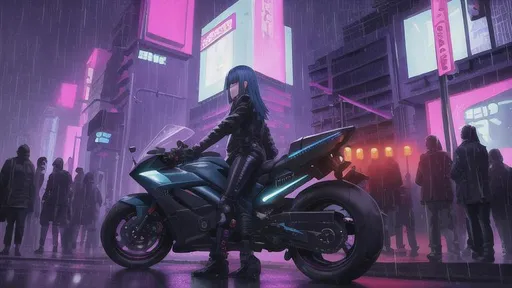 Prompt: cyberpunk landscape by Studio Ghibli, blue hair, biker girl in front, 4k, highly detail, neon, rain