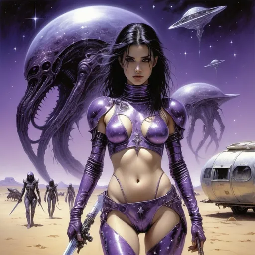 Prompt: dystopian style. Luis Royo. dark-haired girl in a mirrored purple spacesuit with a sword in her hand. in the background: a fantastic caravan of alien animals and drivers walking through a sandy desert in another world. purple light, bright stars. very detailed