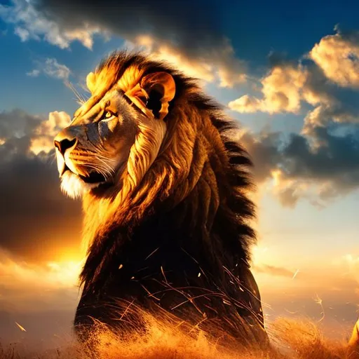 Prompt: Graceful Strength - Witness the mesmerizing beauty of a majestic ((Lion And Blue)) skies. Lighting: Golden hour radiance blending with the blue hues. Mood: Regal and serene.