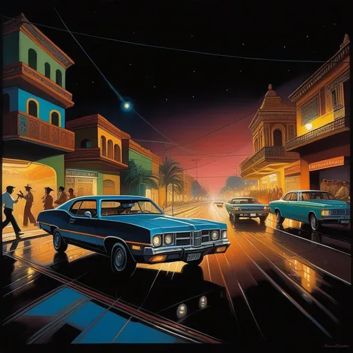 Prompt: 1970s, Mexico City at night, car chase, warm atmosphere, cartoony style, extremely detailed painting by Greg Rutkowski and by Henry Justice Ford and by Steve Henderson