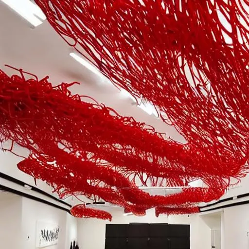 Prompt: large red tubes in a room that looks like spilled spaghetti on a art gallery  ceiling