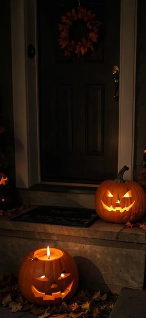 Prompt: Jack O lantern pumpkin on door step, 4K, candle inside of carved pumpkin, detailed Halloween witch carving, dark lighting, dim front porch light, autumn leaves on ground, 