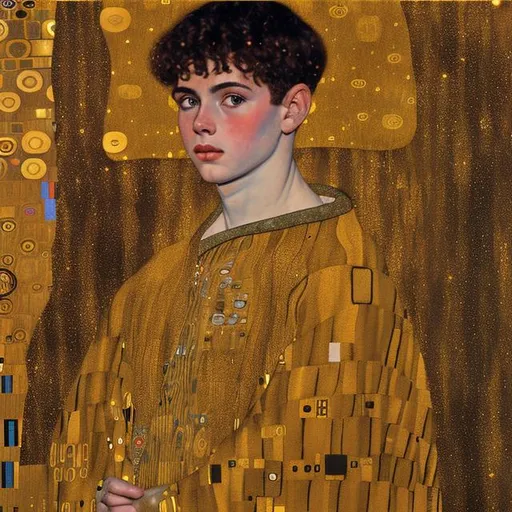 Prompt: young man looking up into stars in syle of gustav klimt high resolution, highly detailed oil drawing with gold color