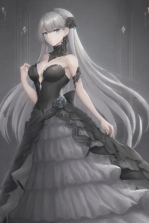 Prompt: Girl's Frontline AN94, dark luxury high-end evening dresses, silver grey hair,  peacock blue eyes，petite, ultra high quality, 16K,  elegantly holding her dresses.