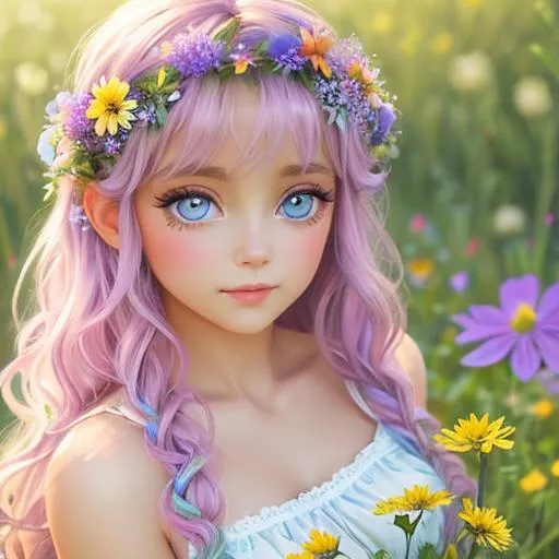 Prompt: Fairy of summer, pastel colors,large eyes, warm coiors, wildflowers, closeup