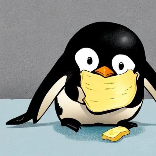 Prompt: A cute cartoon penguin slips on a banana peel