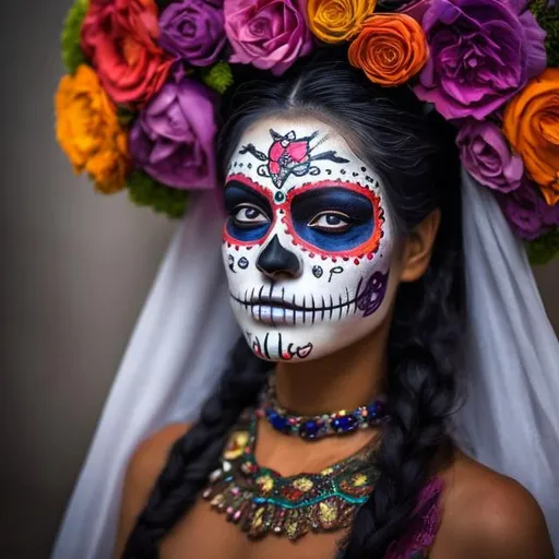 Prompt: Women with day of the dead make-up on her face, portrait, traditional, without too much flowers