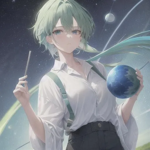 Prompt: Blue and green hair, cute woman, baggy white shirt, holding a planet, both hands holding, looking at hands, best quality, high quality, 64k, high res, focus, no backround, half hair green, half hair blue, worried, frown, blue eyes