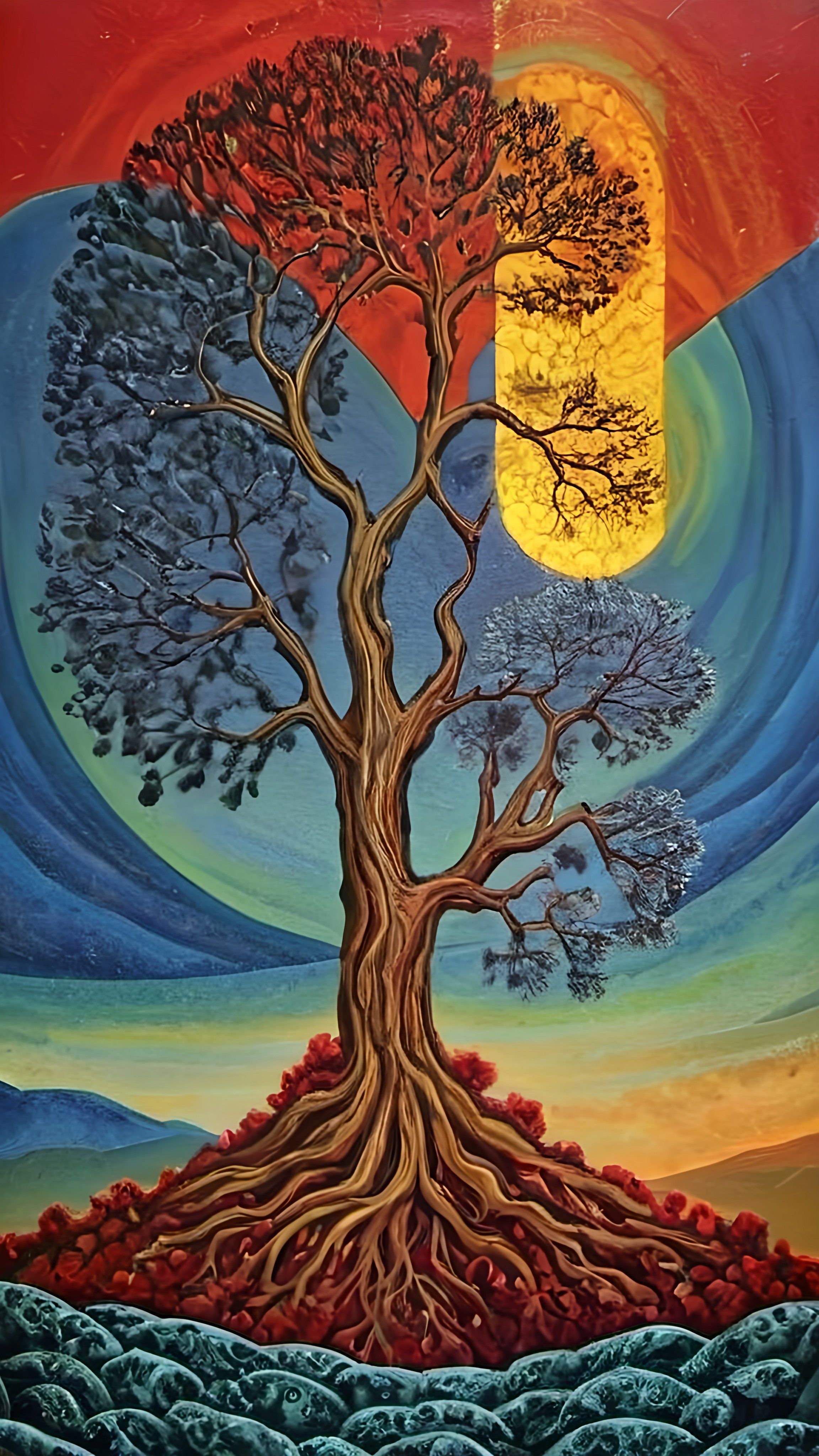 Prompt: a painting of a tree with a yellow sun in the background and a red sky above it, metaphysical painting, an ultrafine detailed painting