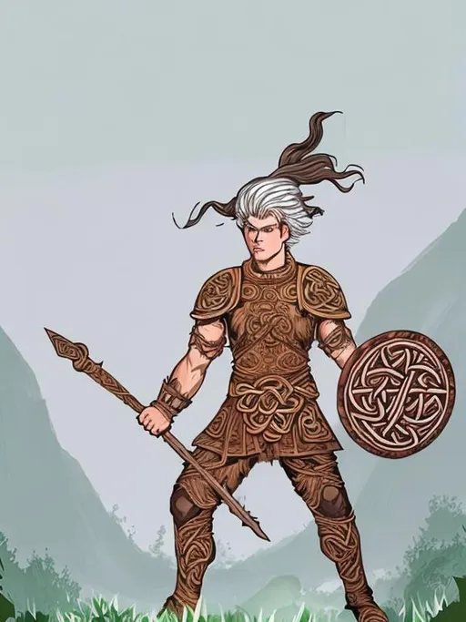 Prompt: Warrior lugh of the long hand, Celtic god. Forrest background. Celtic.