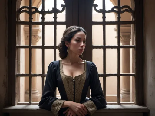 Prompt: Ana de Mendoza, imprisoned in her opulent but confining palace in Pastrana, wearing simple yet dignified clothing, reflecting on her fate through a barred window, with the austere and restrained interior of her confinement as the backdrop, capturing a sense of isolation and restrained grandeur, hyper-realistic, photo realism, cinematography --ar 9:16"